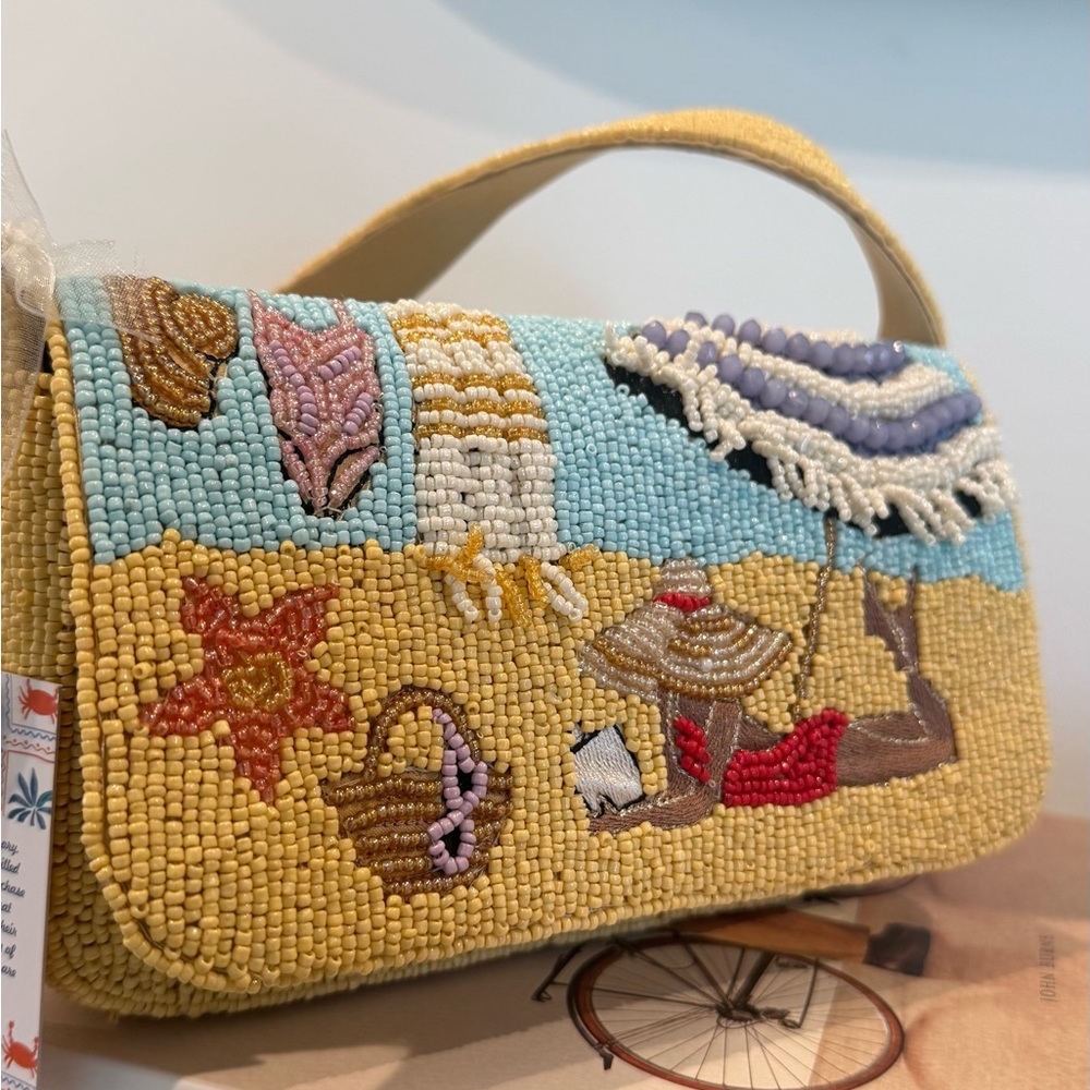 Beaded Beach Scene Shoulder Bag - Yellow & Blue